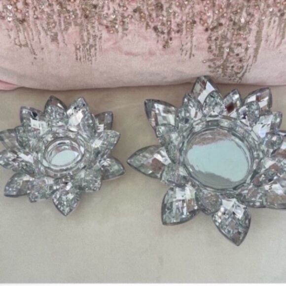 Set of 2 Silver and Clear Crystal Lotus Votive Candle Holder - Picture 9 of 10
